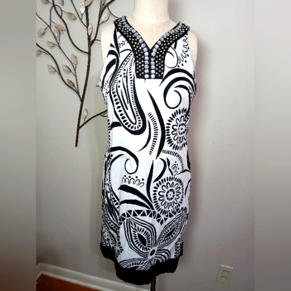 ✨ Lovely! Black White Paisley K Studios Dress Beaded Neck Sleeveless Sz 6 Floral
